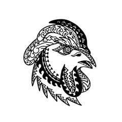 Tribal tattoo style illustration of head of a rooster, chicken or a young cockerel, a  male gallinaceous bird viewed from side on isolated background in black and white.