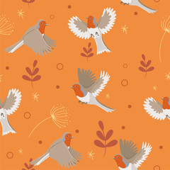 Robin birds seamless pattern with leaves. Vector graphics.