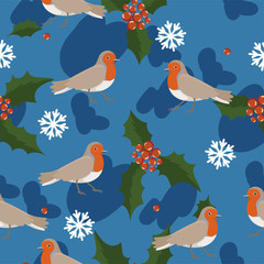 Obraz premium Robin birds seamless pattern with berries and leaves and snowflakes. Vector graphics.