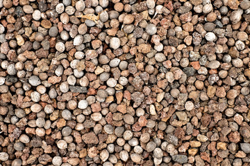 Background and backdrop surface, sellection of lava pebbles gravel stones and natural palm seeds.