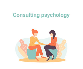 Psychotherapy session. Consulting psychology concept. Woman psychologist and woman patient, society psychiatry flat vector illustration.