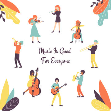 Big set group of musicians, playing saxophone, trumpet, flute, trombone, violin, contrabass, cello and guitar instruments. Flat vector illustration, flyer, poster.