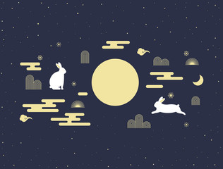 Mid autumn festival vector illustration with full moon and rabbits.