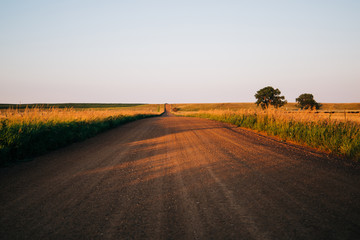 a long country highway road in rural North Dakota with a bright blue sky with clouds in the horizon