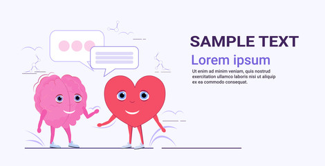 cute human brain and heart couple standing together chat bubble speech communication concept pink cartoon characters kawaii style horizontal copy space