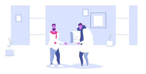 businessman boss carrying stack of paper documents to overworked business man employee paperwork deadline concept modern office interior sketch doodle horizontal full length