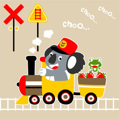 koala and frog on locomotive, vector cartoon illustration