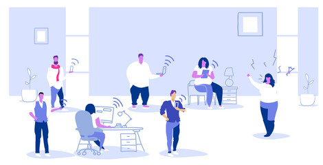 unsatisfied fat woman boss screaming on employees sitting in gadgets bad job digital addiction concept angry employer shouting on workers modern office interior sketch horizontal