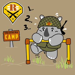 rhinoceros in military training camp, vector cartoon illustration