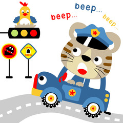 Fototapeta premium tiger the traffic police on patrol, vector cartoon
