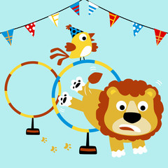 lion and little bird in action on circus show, vector cartoon