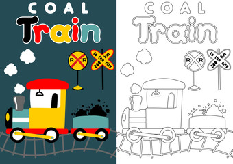 coloring page with train and railway signs, vector cartoon