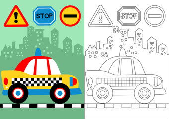 Naklejka premium vector cartoon of taxi with traffic sign on building background, coloring book or page