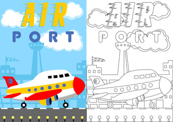 vector cartoon of plane in airport, coloring page or book