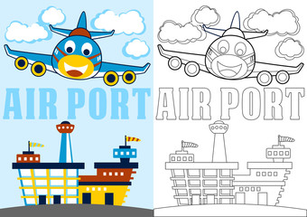 vector cartoon of plane landing in airport, coloring page or book