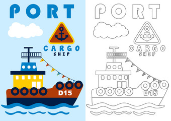 coloring book ship in port, vector cartoon