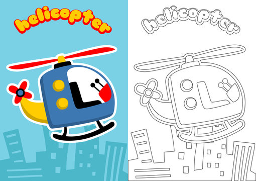coloring page with helicopter, vector cartoon