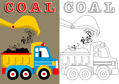 coloring book with truck and crane,  vector cartoon