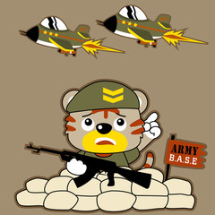 Obraz premium funny army tiger under jet attack, vector cartoon