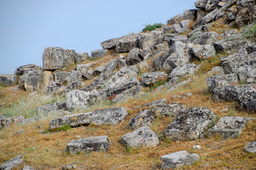 Limestone blocks an earthquake-destroyed wall of city of Hierapolis.