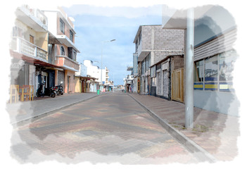 Fototapeta na wymiar Street View of Puerto Baquerizo Moreno in San Christobal Ecuador. Digital Drawing Painting