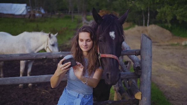 young woman takes selfie with a horse on a farm on a summer evening