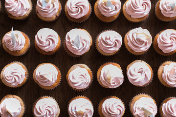 Top View of pink cupcakes, wedding dessert, party treats