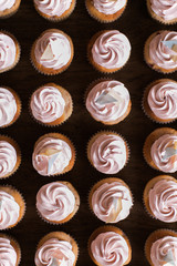 Top View of pink cupcakes, wedding dessert, party treats