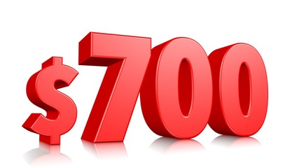 700$ Seven hundred price symbol. red text number 3d render with dollar sign on white background