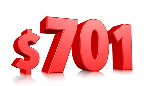 701$ Seven hundred one price symbol. red text number 3d render with dollar sign on white background