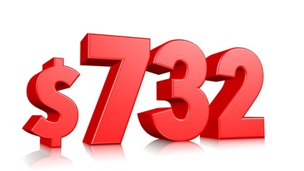 732$ Seven hundred thirty two price symbol. red text number 3d render with dollar sign on white background