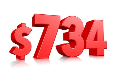 734$ Seven hundred thirty four price symbol. red text number 3d render with dollar sign on white background