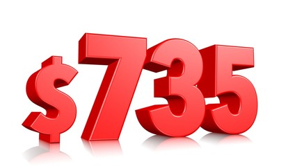 735$ Seven hundred thirty five price symbol. red text number 3d render with dollar sign on white background
