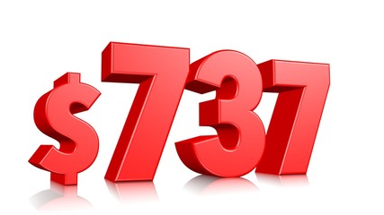 737$ Seven hundred thirty seven price symbol. red text number 3d render with dollar sign on white background