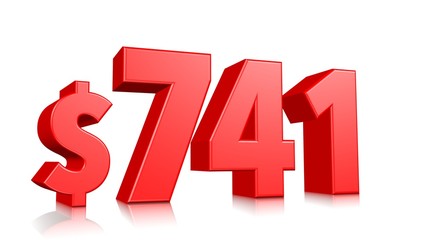 741$ Seven hundred forty one price symbol. red text number 3d render with dollar sign on white background