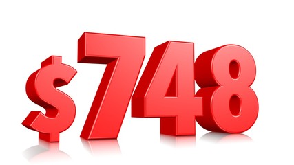 748$ Seven hundred forty eight price symbol. red text number 3d render with dollar sign on white background
