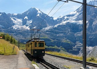A cog wheel train traveling on the mountain Railway from Wengen to Kleine Scheidegg station with...