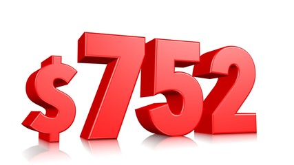 752$ Seven hundred fifty two price symbol. red text number 3d render with dollar sign on white background