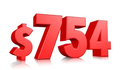 754$ Seven hundred fifty four price symbol. red text number 3d render with dollar sign on white background