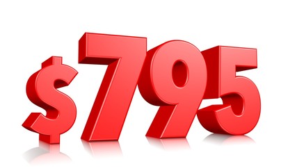 795$ Seven hundred ninety five price symbol. red text number 3d render with dollar sign on white background