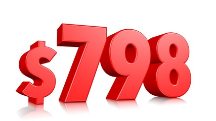 798$ Seven hundred ninety eight price symbol. red text number 3d render with dollar sign on white background
