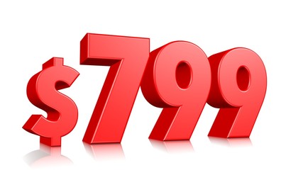 799$ seven hundred ninety nine price symbol. red text number 3d render with dollar sign on white background