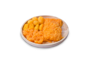 Amazing traditional Thai desserts call Foi Thong, Thong yip and Thong Yod isolated on white background with clipping path. Thai sweet dessert made from eggs, coconut and bean cooked in syrup.