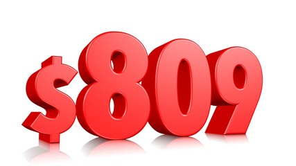 809$ Eight hundred nine price symbol. red text number 3d render with dollar sign on white background