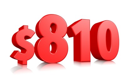 810$ Eight hundred and ten price symbol. red text number 3d render with dollar sign on white background