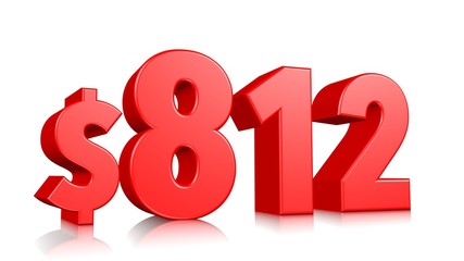 812$ Eight hundred and twelve price symbol. red text number 3d render with dollar sign on white background
