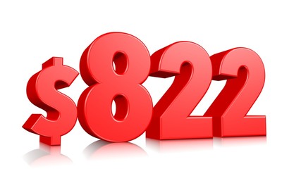 822$ Eight hundred twenty-two price symbol. red text number 3d render with dollar sign on white background