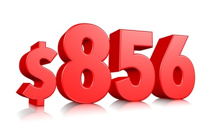 856$ Eight hundred fifty-six price symbol. red text number 3d render with dollar sign on white background