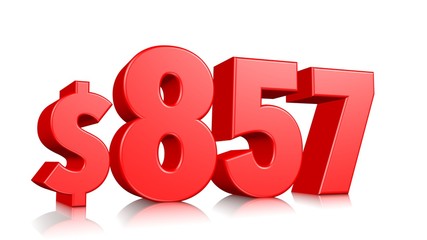 857$ Eight hundred and fifty-seven price symbol. red text number 3d render with dollar sign on white background