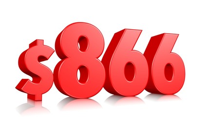 866$ Eight hundred sixty six price symbol. red text number 3d render with dollar sign on white background
